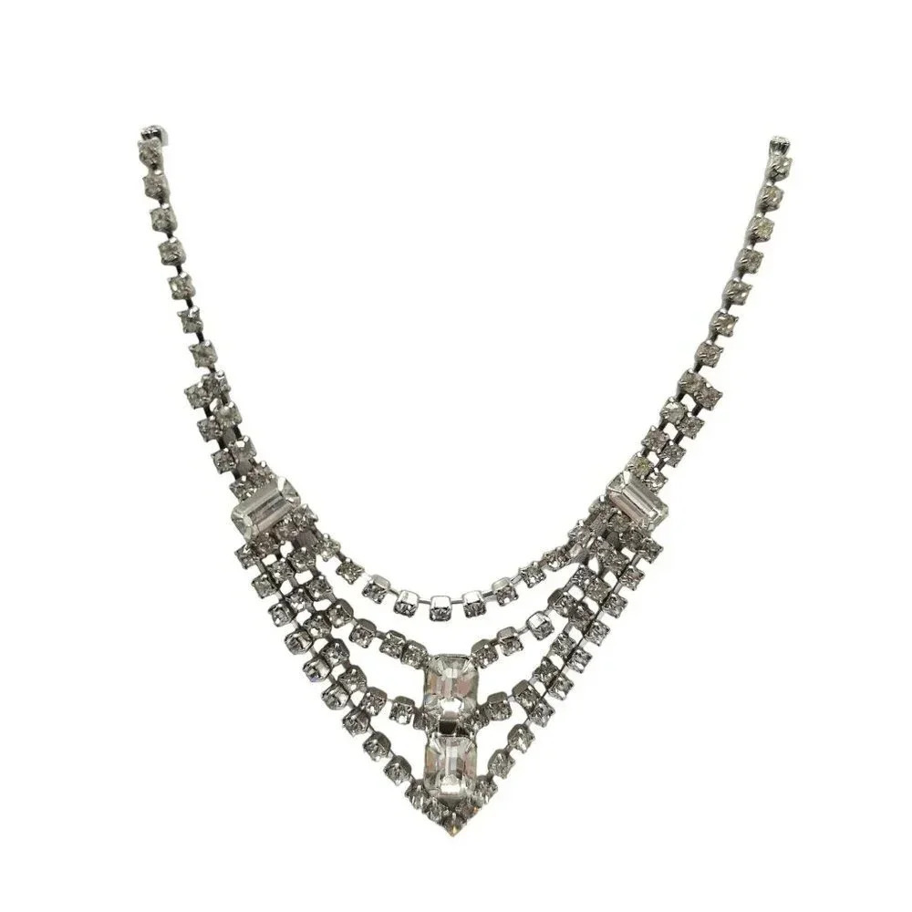 Clear Rhinestone Crystal Swag Bib Necklace Hook Closure Silver Tone Vintage